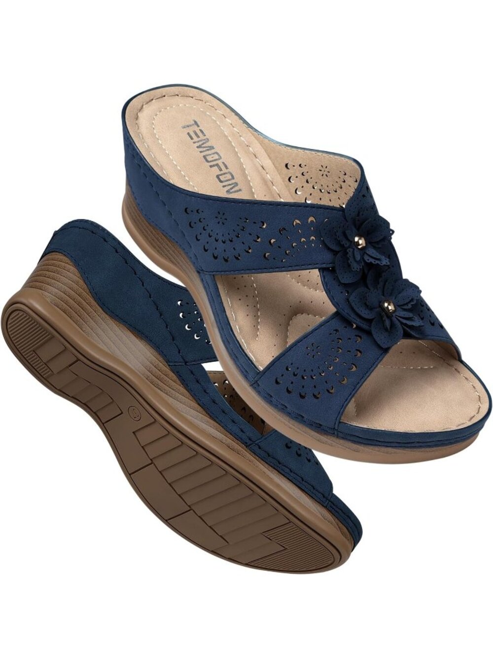 Women's Blue Wedge Sandals Leather Comfortable Walking Fit Wide Foot Shoes
